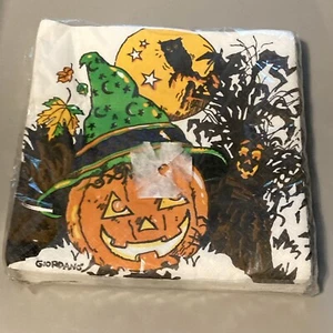 Vintage Halloween Giordano Paper Napkins Pumpkin Witch Hat Moon Owl NOS New - Picture 1 of 5
