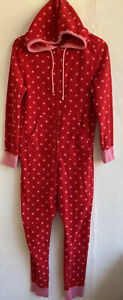 Pajamagram Pajamas Women Small/Medium Red Pink Zip Front Hooded Pocket Polka Dot