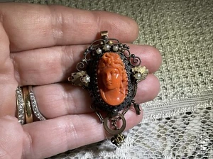 Antique 14K Coral Cameo & Pearl Pocket Watch Holder - Picture 1 of 6