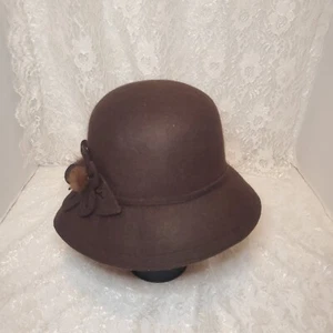 Ladies Brown Wool Bucket Hat W/Wool Flower Accents and Fur Pom-Pom Accents - Picture 1 of 6