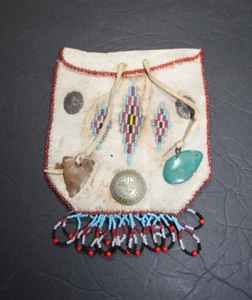 Native American Pouch White Leather Handmade Beaded Copper Turquoise Silver Old - Picture 1 of 4