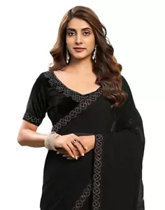 Women's Georgette Hot Fixing Stone Work Saree With Unstitched Blouse Partywear - Picture 1 of 6