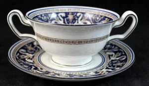 Wedgwood Florentine Dark Blue Cream Soup Bowl with Saucer Floral Center - Picture 1 of 4