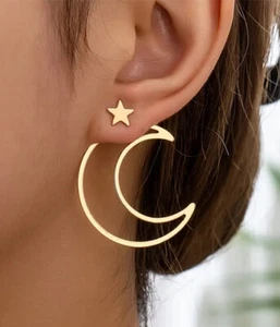 Wire Crescent Moon Design Dangle Stud Earrings Gold - Picture 1 of 7