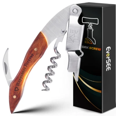 Abridor de Vino Sacacorchos Botella Camareros Llave con Cortador de Lámina Doble Bisagra Madera 4 en 1 Foto 1 de 4