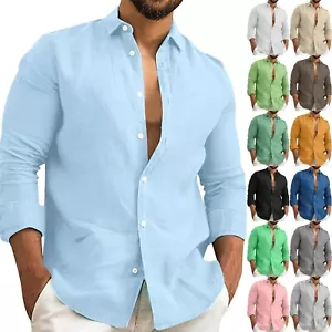Mens Button Up Shirts Long Sleeve Linen Beach Casual Cotton Lightweight Tops - Picture 1 of 63
