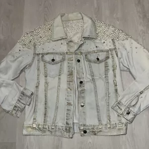 Strass Perlen verziert geblendet Denim Jacke Vintage hellblau eine Größe - Bild 1 von 11