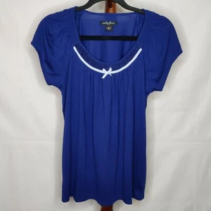Earth Angels women's size S top blue color scoop neck short sleeves pleated bow - Picture 1 of 5