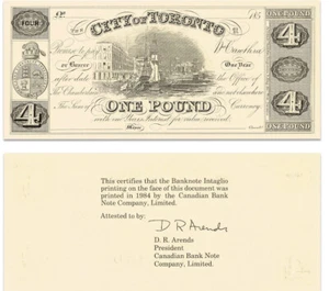 City of Toronto Banknote CBNC Proof Print 4 Dollars 1 Pound UNC Intaglio - Bild 1 von 2