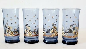 Vintage Libbey Franco Smoke Blue/Brown Daisy Mid-Century Tumbler Set of 4 - Picture 1 of 5