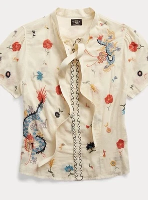 Ralph Lauren Embroidered Voile Tie-Neck Blouse Double RL Embroidered 4  $349 - Image 1 of 3