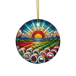 Buntglas Stil Sushi Landschaft - Sonnenaufgang Bauernhof Felder - gedruckt auf Keramik - Bild 1 von 4