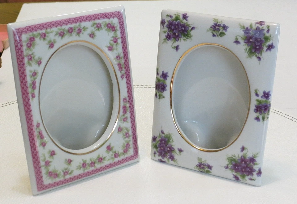 Vintage Lefton Porcelain Frame Violets Rosebuds Gold Trim Set of 2 Japan - Image 1 of 4