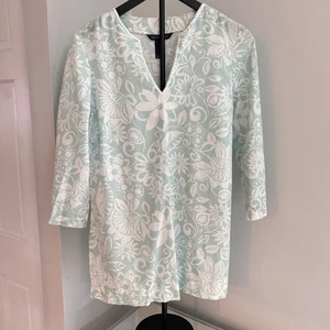 Brooks Brothers 346 M Aqua Floral Cotton Tunic Top Sequin Trim Resort Boho - Picture 1 of 7