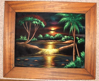 Vintage Black Velvet Painting River W/Palm Trees Sunset Colorful 26x21 - Image 1 of 4
