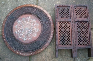 SUPERB  LARGE OCTAGONAL INLAID FOLDING  INDIAN   SIDE TABLE - Picture 1 of 9
