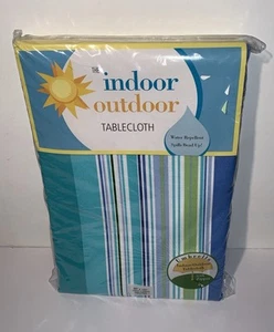 Umbrella Tablecloth Outdoor Indoor 60”x 102” Oblong Blue Green Striped W/ Zipper - Picture 1 of 6