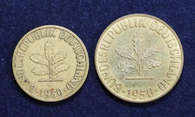 1950 J F Germany 10 & 5 Pfennig Brass Plated Steel Coins KM# 108 & 107 - Image 1 of 4