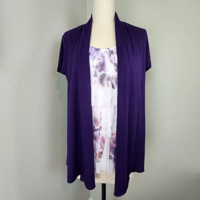 Women's Short Sleeve Cardigan Style Top, Floral, Ruffles, Purple Knit Summer Top - Image 1 of 4
