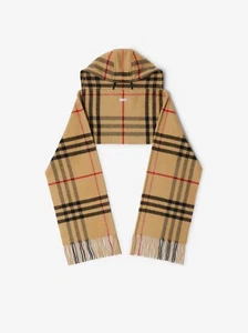 Burberry Hooded Scarf Wool Cashmere Archive Beige Check Fringed NEW & tags - Picture 1 of 3