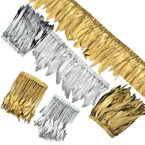 2 Meters Gold Silver Goose Feather Trim for Sewing Rooster Feathers Decoration - Picture 1 of 24