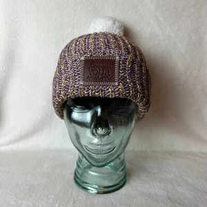 Love Your Melon Beanie Hat Purple Yellow Patch Cuffed Pom Knit Cotton Winter - Picture 1 of 10