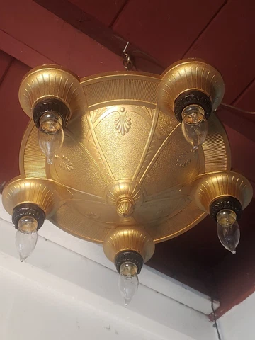 Antique  1920s Art Deco 5 light chandelier, Gold with black.2 available Cover