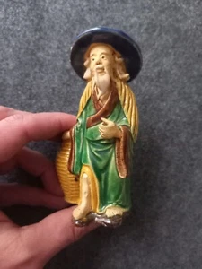 Antique Chinese Statuette Old Sage Stoneware Varnished Shiwan China Mud Man Basket - Picture 1 of 12