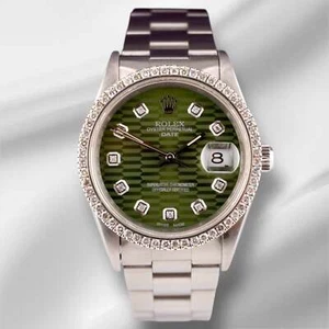 Rolex Date 34mm Ladies 1.5ct Prong Green Motif Diamond Dial Steel Watch 15000 - Picture 1 of 11
