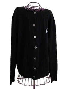 NWT Polo Ralph Lauren Black Cable-Knit Crewneck Button Cardigan - SIZE Medium - Picture 1 of 8