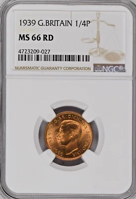 1939 Great Britain 1 Farthing 1/4P NGC MS66 RD KM#843 Brilliant Uncirculated BU - Image 1 of 2