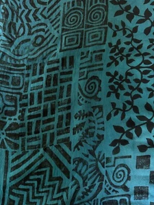 2 1/4 yds x 42”  Hand Dyed Silk Fabric Black Block Print on a Medium Teal Blue - Picture 1 of 8