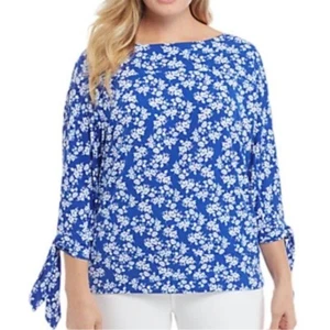 The Limited Womens Plus Size 0X Floral Print Blouse Top Blue Ties Open Sleeves - Picture 1 of 7