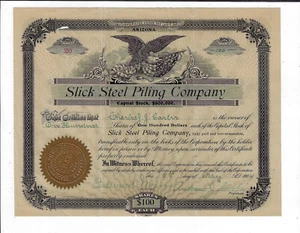 ARIZONA 1904 Slick Steel Piling Company Stock Certificate #20 w/ Transmittal - Picture 1 of 4