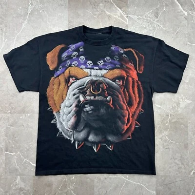 90s Vintage Liquid Blue Graphic Tee Mens XL Biker Tattoo Bulldog Shirt - Image 1 of 4