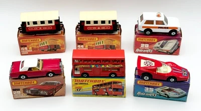 (6) Vintage 1970s Matchbox Superfast Cars Bus & Trains Lot w/Original Boxes! - Image 1 of 4