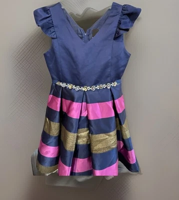 Vestido forrado com faixas de joias edição rara azul marinho, dourado e rosa para meninas tamanho 10 - Imagem 1 de 4