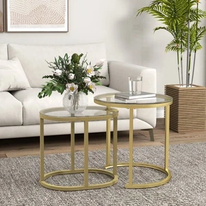 HOMCOM Couchtisch rund 2er Set Stapelbarer Beistelltisch mit Stahlrahmen Gold - Bild 1 von 10