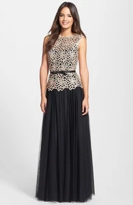NUEVO CON ETIQUETAS Negro y Taupe TADASHI SHOJI Vestido de Bola Bordado con Cinturón TALLA 8 - Imagen 1 de 3