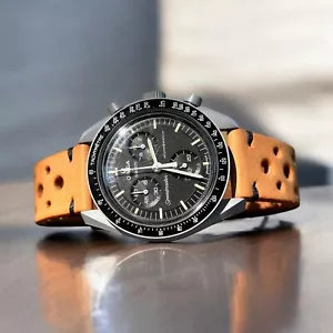 20 mm Genuine Gold Yellow Leather watch Strap Rallye holes for moonwatch camaro - Imagen 1 de 6