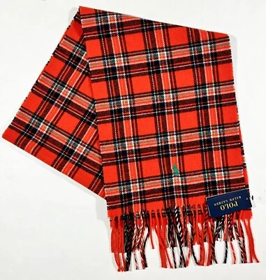 Men's POLO RALPH LAUREN Orange + Plaid Wool Logo Scarf Muffler NWT NEW Italy - Image 1 of 2