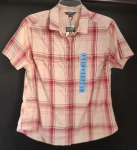 Eddie Bauer Women's Sz L Mauve Pink Plaid Button Down Shirt Short Sleeve NWT Adv - Picture 1 of 4