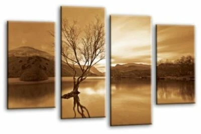 Large Floral Landscape Sunset Art Print Cream Brown Framed Split Canvas Picture - Image 1 of 4