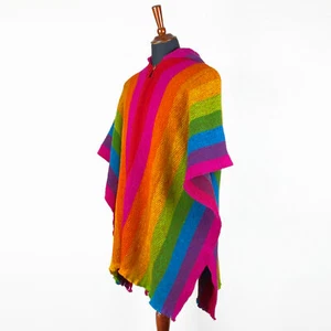 LLAMA WOOL RAINBOW MENS WOMANS UNISEX HOODED PONCHO ETHNIC TRIBAL BOHO FESTIVAL - Picture 1 of 7