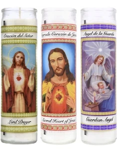 3 Religious Candles Unscented 8" Lord Prayer Sacred Heart Guardian Angel Set - Picture 1 of 4