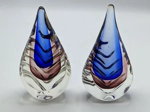 2 Murano Style Art Glass Teardrop Sculptures Pair Sommerso Blue Purple Clear 8" - Picture 1 of 7