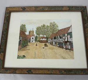 Dibujo Acuarela Original Pueblo Inglés Era Dinastía Tudor Firmado BT Enmarcado - Imagen 1 de 10