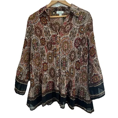 Blusa Boho Dressbarn Abotonada Mujer Plus 1X Marrón Paisley Manga Campana Arrugada Foto 1 de 4