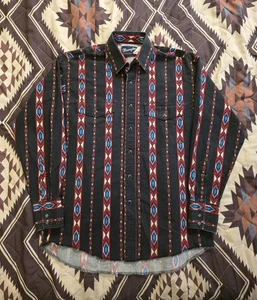 Vintage Wrangler Aztec Pearl Snap Long Sleeve Western Shirt Black Men's Large - Picture 1 of 9