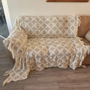 Vintage Handarbeit Häkeldecke Elfenbein Baumwolle Spitze Quaste Tischdecke Bettdecke - Bild 1 von 11